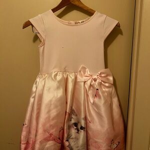 H&M Light Pink Satin-Bow Dress with Kitten Print
